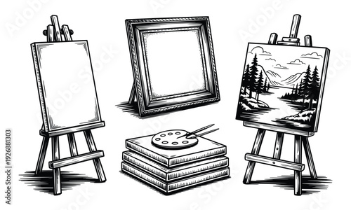 Artistic still life with easels, blank canvas, framed artwork, and paint palette.