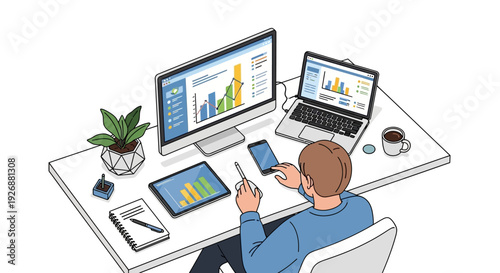 Man working at desk with multiple electronic devices and charts.