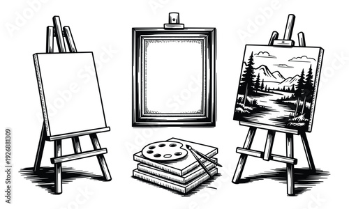 Artistic still life with easels, blank canvas, framed artwork, and paint palette.
