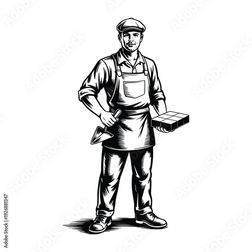 Tiler with trowel and bricks, vintage illustration, construction worker, professional.