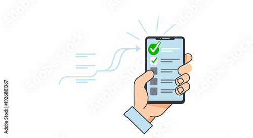 Hand holding smartphone displaying completed checklist with green checkmark.