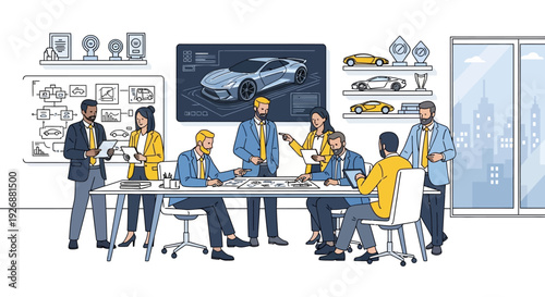 Diverse team collaborating on car design project in modern office.