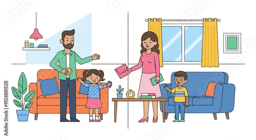 Happy family enjoying time together in a cozy living room.