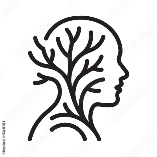 A human head profile containing a tree with branching roots and limbs