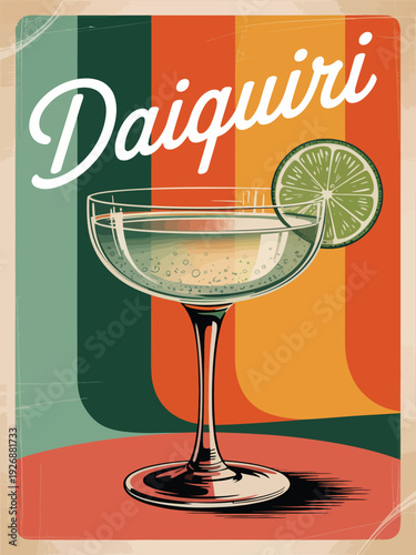 Daiquiri Cocktail Poster, Classic Retro Drink Artwork Featuring Realistic Glass Highlights and Shadowed Lettering Style