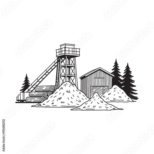 Vintage illustration depicting a coal mine with supporting structures and trees