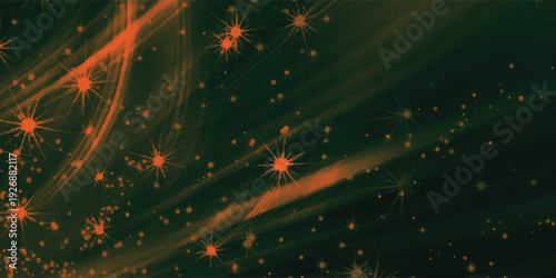 Abstract cosmic background with glowing orange stars and dark green nebula.