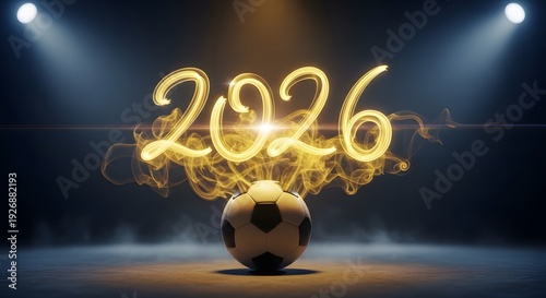 A soccer ball with the year 2026 written in fire