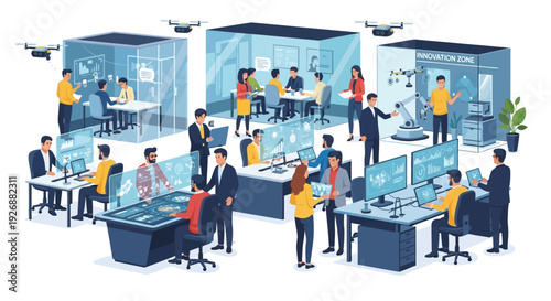 Modern Technology Office with People Working on Computers and Drones.