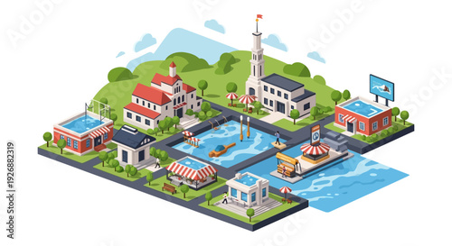 Isometric Cityscape with Buildings and Water Features.