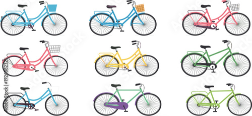 Colorful Bicycle Collection Vector Set Featuring Vintage City Bikes with Basket, Urban Cycling Transport, Eco Friendly Transportation and Lifestyle Illustration Bundle