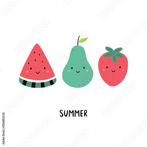 Cute postcard with cartoon fruits. Kawaii watermelon, pear, and strawberry. Vector illustration on a white background