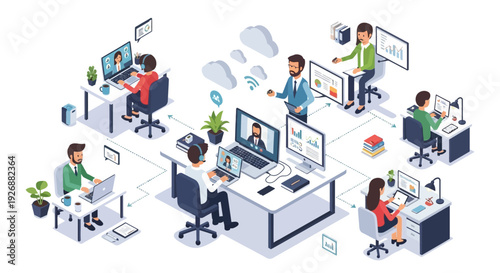 Isometric illustration of a modern office with people working on computers.