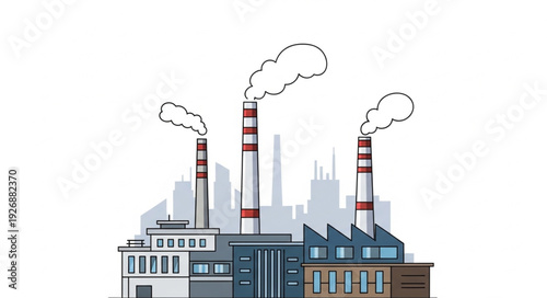 Industrial complex with smokestacks emitting pollution into the atmosphere, environmental concern.