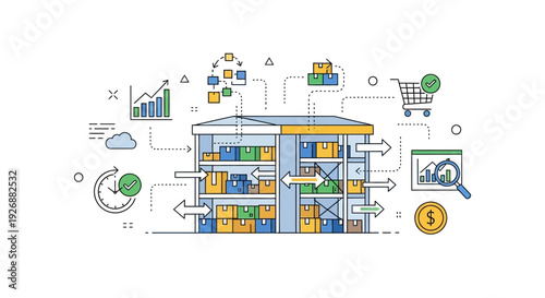 Modern Warehouse Logistics and Supply Chain Management Illustration.