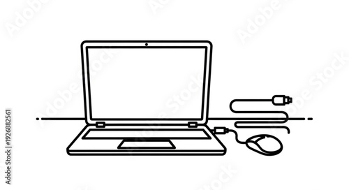 Laptop computer with mouse and cable, ready for work or study, modern technology.