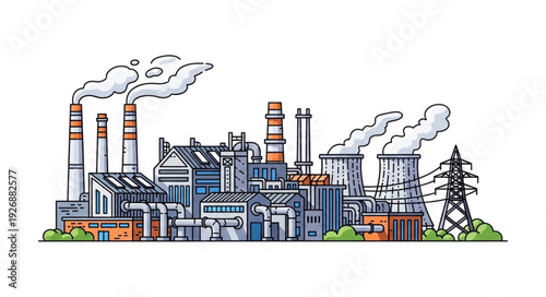Industrial complex illustration depicting factories and power plants with smoke emissions.