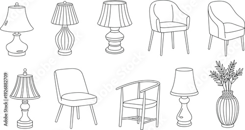 A collection of vintage lamps, chairs, and a vase with flowers in a minimalist line style line minimalist