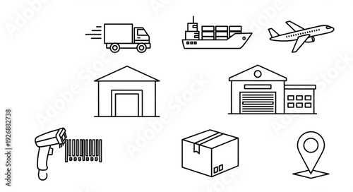 Logistics and transportation icons representing delivery, shipping, and warehousing concepts.