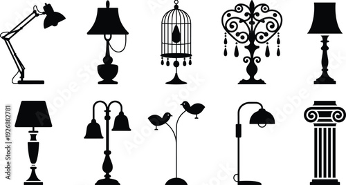 Black and white of various lamps, a birdcage, a bird, and a column