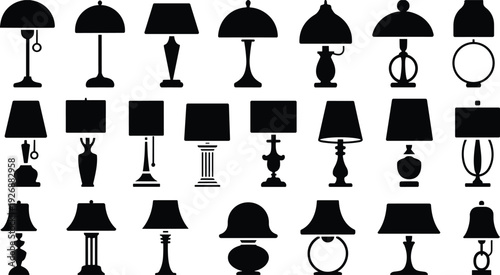 Collection of black and white lamp with various and shapes lamps