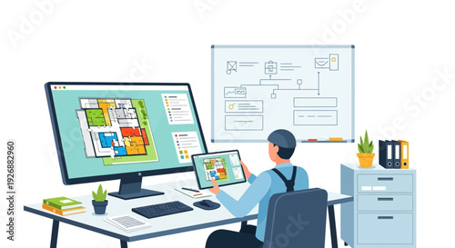 Man working on computer with multiple screens and flowchart.