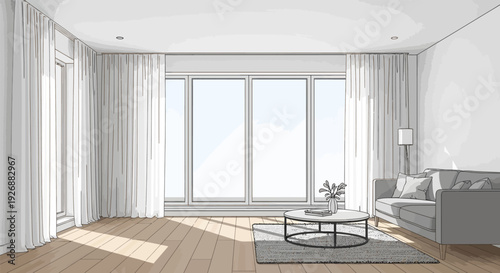 Modern minimalist living room with large window and gray sofa.