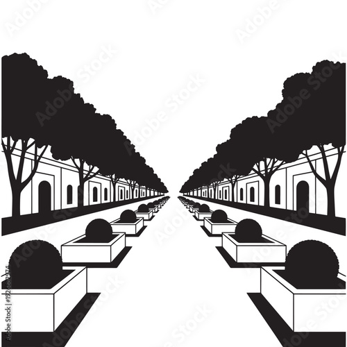 A symmetrical black and white illustration of a formal garden pathway