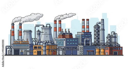 Industrial complex with smokestacks emitting pollution into the atmosphere, representing environmental concerns.