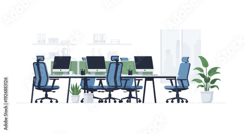 Modern Office Interior with Ergonomic Chairs and Computers.