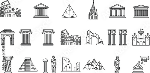 Ancient world landmarks outline icon collection with pyramids, colosseum, temples and classical columns historical vector illustration set