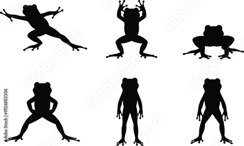 Frog silhouette set featuring black silhouettes of various amphibians jumping, standing, and sitting for nature, biology, and wildlife pond designs