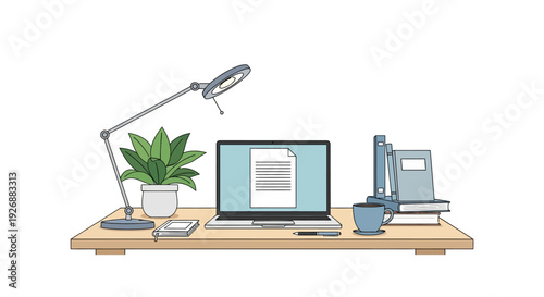 Modern Home Office Desk Setup with Laptop and Plant.