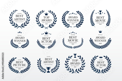 Award Crest & Laurel Wreath Vector Illustration Set for Movie & Film Awards, Festival Nominations