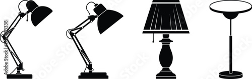 Four black desk and floor lamps with different on a white background desk lamp