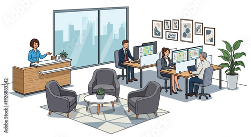 Office workers collaborating and working at computers.