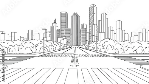 Urban landscape with towering skyscrapers, tree-lined streets, and crosswalks. The scene is calm, detailed, and set in a city skyline.