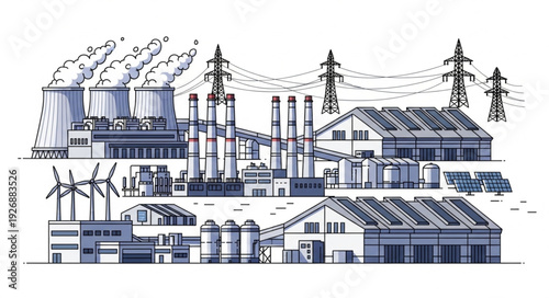 Industrial complex illustration depicting power generation and energy production facilities.