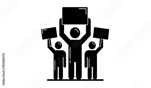 Three stick people holding signs in a protest or demonstration on a with a leader