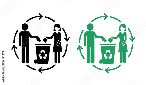 Recycling symbol with people and arrows in black and green