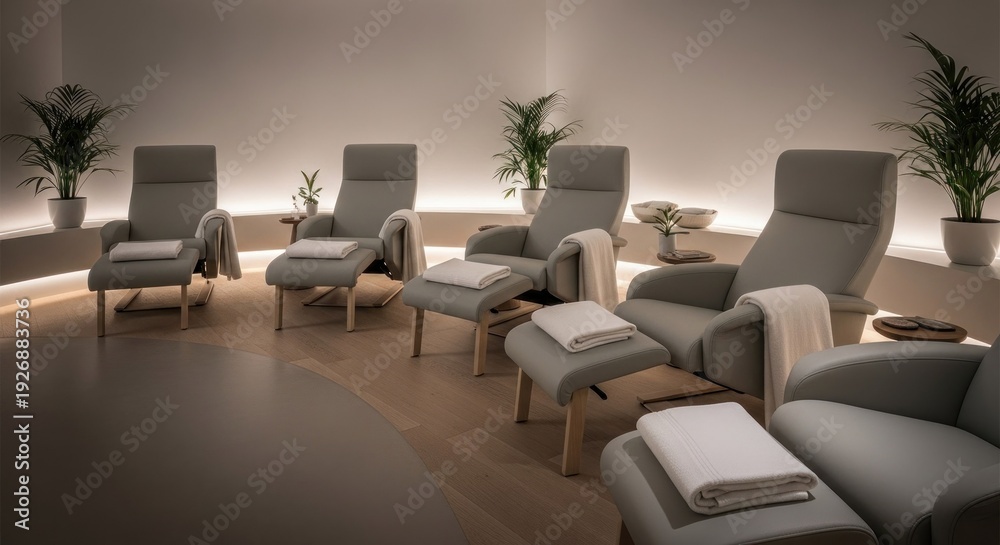 Fototapeta premium Relaxing lounge area with armchairs plants and soft lighting for wellness