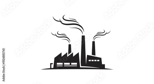 Industrial factory silhouette with smoke stacks emitting pollution into the atmosphere.