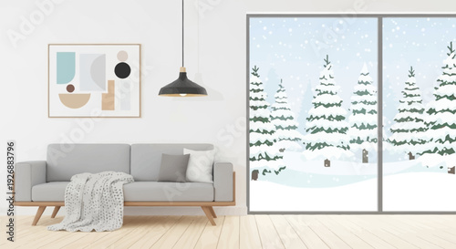 Cozy living room interior with winter landscape view through large sliding glass doors.