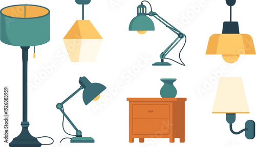 Various lamps and a wooden cabinet with a vase on against a white background lighting desk lamp floor lamp