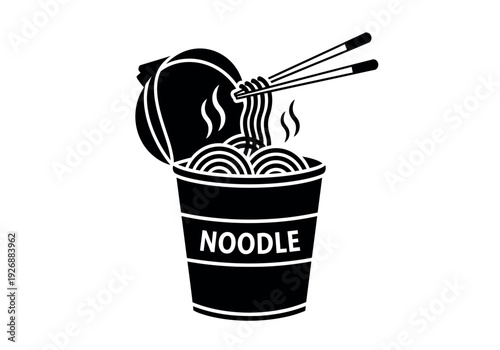 Black and white illustration of steaming noodles in a cup with chopsticks on a pure