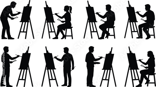 Artist painting on canvas silhouette set creative people with easel and brush black vector illustration collection isolated on white background