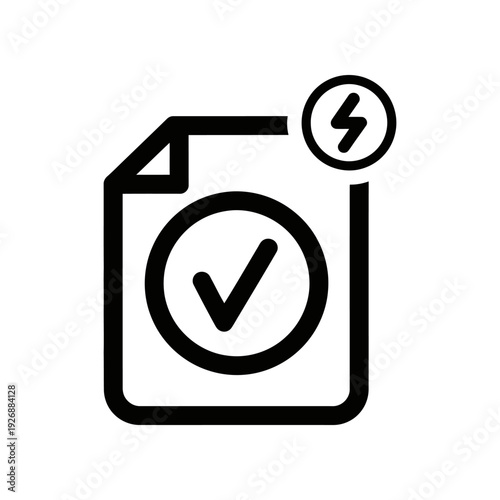 Approved Document with Lightning Bolt Icon, Black and White, Simple Design