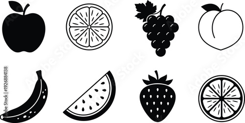 Black and white fruit icon set featuring apple orange grape peach banana watermelon strawberry citrus slice vector illustration isolated on gray background