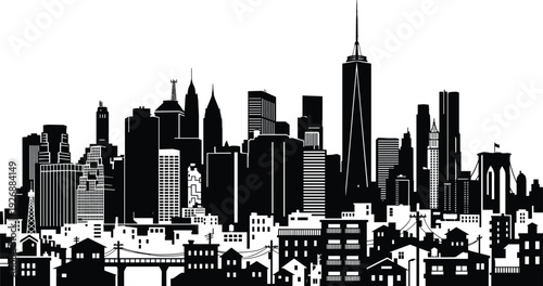 Black and white New York City skyline silhouette with skyscrapers urban buildings and bridge vector illustration isolated on light background