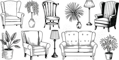 Various vintage style furniture and plants in a monochromatic armchair sofa
